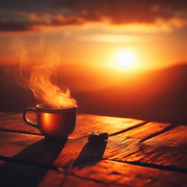 una taza de té al atardecer por la mañana