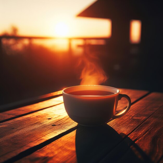 Foto una taza de té al atardecer por la mañana