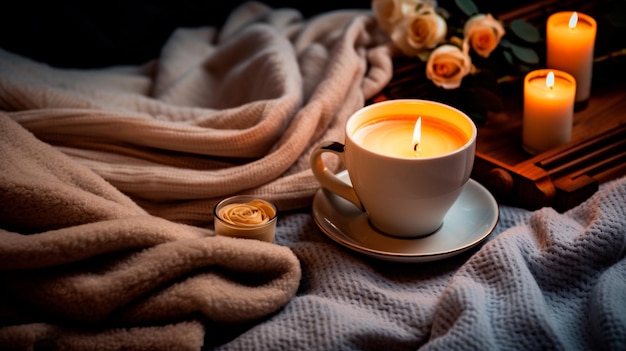 una taza de té al fondo de la ventana con una vela