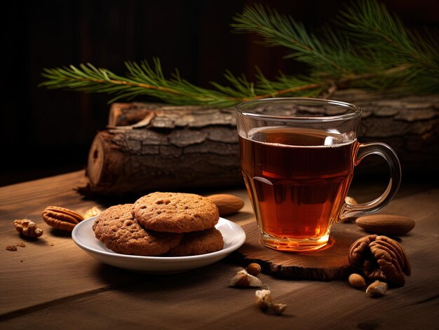 una taza de té al lado de un plato de galletas y una tazón de té