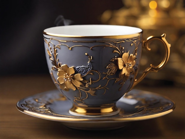 una taza de té con un árbol en la cima