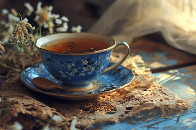 Foto una taza de té aromático con una cuchara de madera de infusión