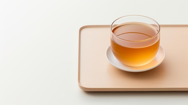 Foto una taza de té en una bandeja de madera contra un telón de fondo blanco