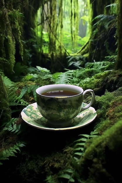 Una taza de té en el bosque con musgo y helechos