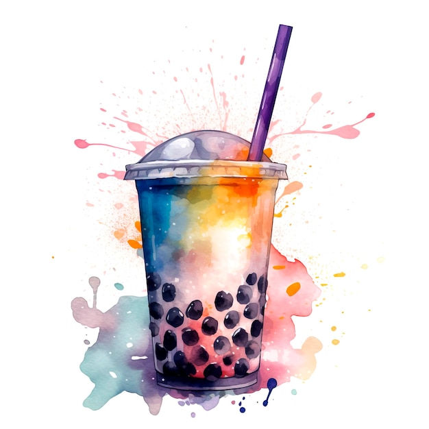 Taza de té de burbujas con una pajita grande Ilustración coloreada dibujada a mano