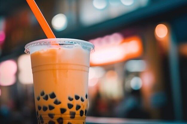 Una taza de té de burbujas con pajita