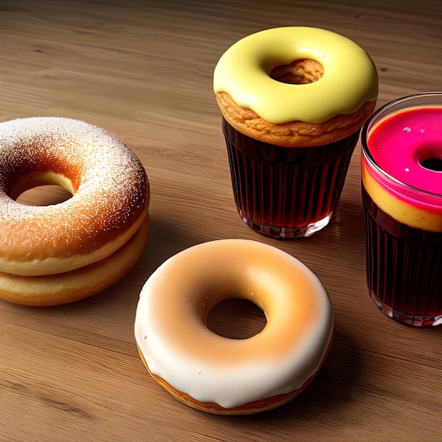 Una taza de té de café de jugo de batido con donut