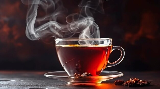 Taza de té caliente al vapor en una habitación rural oscura para copiar la IA generada