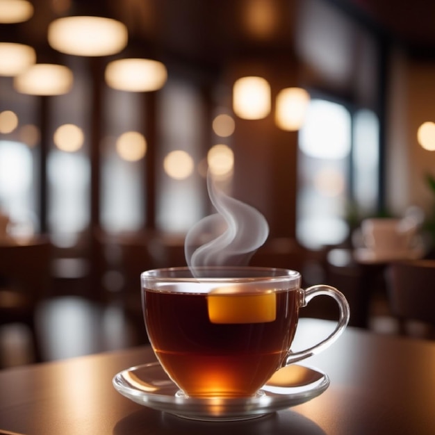 Taza de té caliente en una cafetería efecto bokeh anamórfico foto de desplazamiento de inclinación té aromático sabroso en una hermosa taza