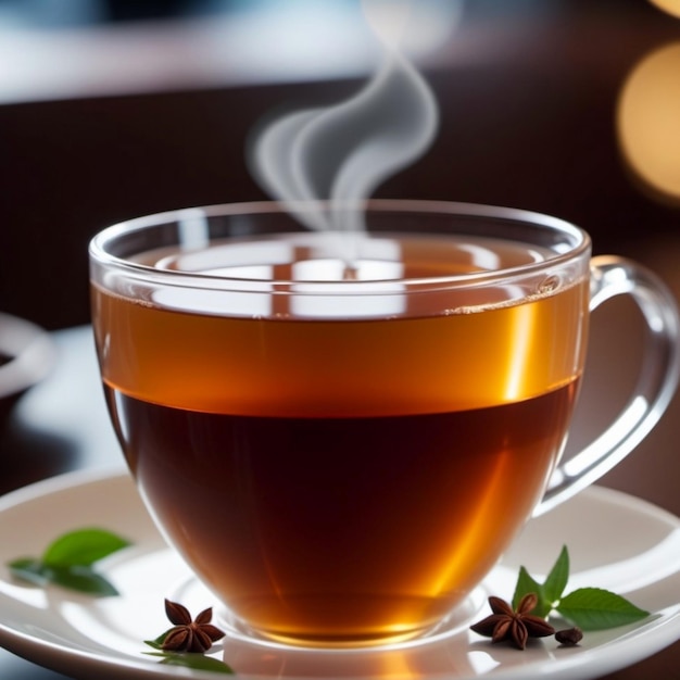 Taza de té caliente en una cafetería efecto bokeh anamórfico foto de desplazamiento de inclinación té aromático sabroso en una hermosa taza