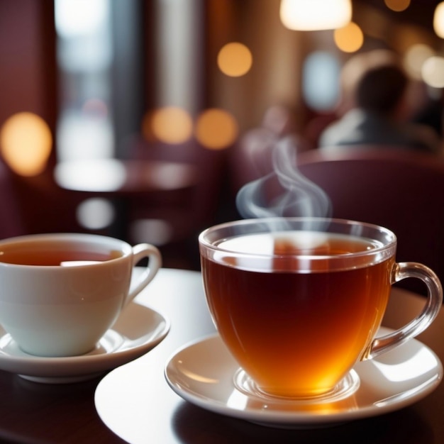 Taza de té caliente en una cafetería efecto bokeh anamórfico foto de desplazamiento de inclinación té aromático sabroso en una hermosa taza