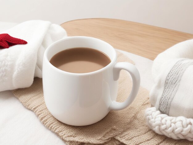 Taza de té caliente cubierta con lana blanca y suave