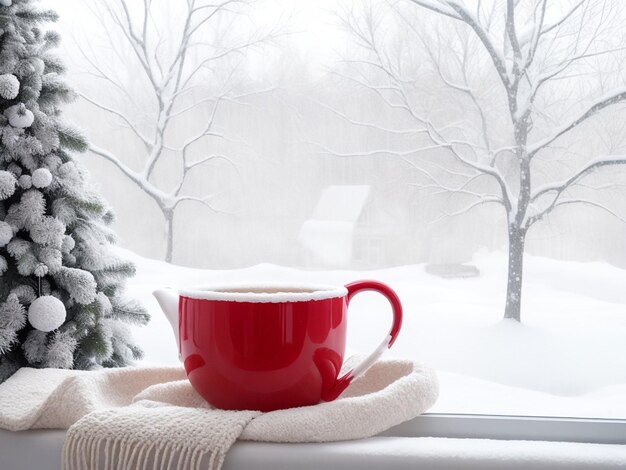 Taza de té caliente cubierta con lana blanca y suave