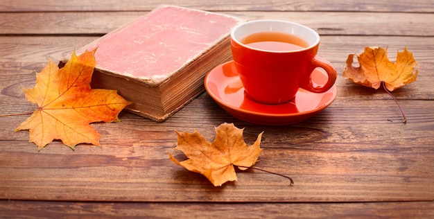 Taza de té caliente con hojas de otoño