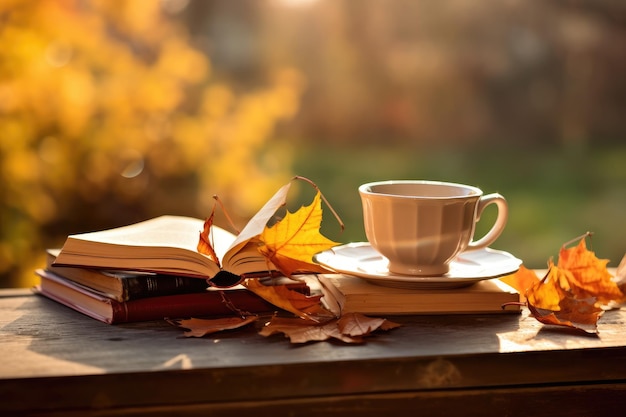 Taza de té caliente y libro en el parque hojas de otoño Generado por IA