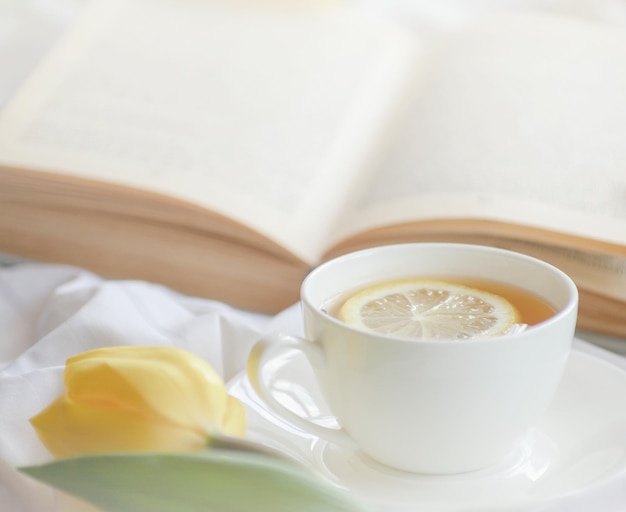 Taza de té caliente y libro