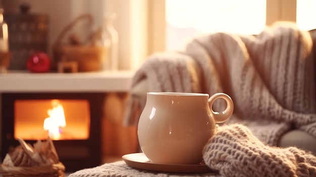 Foto taza con té caliente de pie en una silla con una manta de lana