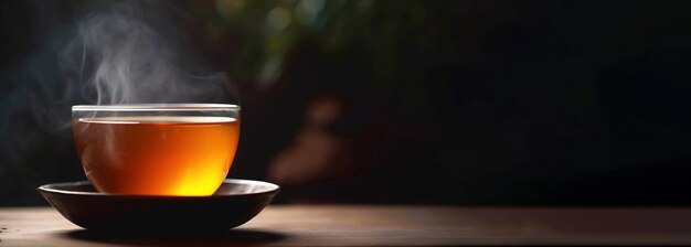 Taza de té caliente con platillo refrescante bebida tradicional de fondo borroso orgánico natural