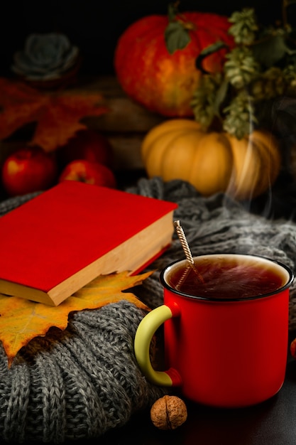 Taza de té caliente, sale vapor de la bebida. Libro, bufanda caliente y hojas de otoño sobre la mesa.