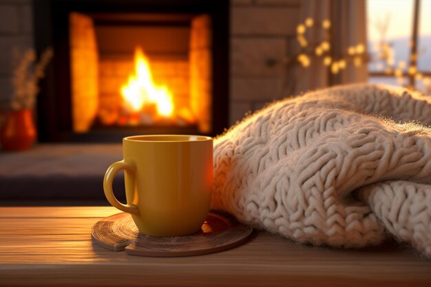 Foto una taza de té caliente está en una silla con una manta de lana en la sala de estar con chimenea generada por la ia