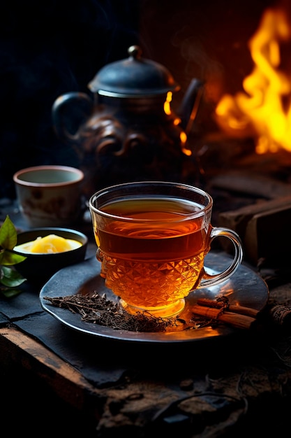 Taza de té caliente sobre un fondo oscuro IA generativa Beber