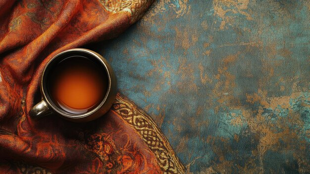 Una taza de té caliente sobre un fondo de tela texturizada
