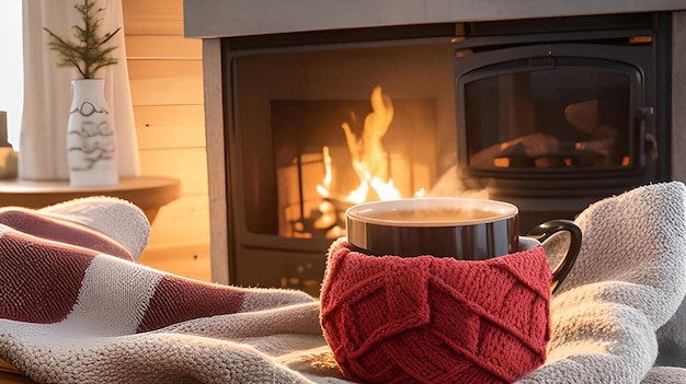 Foto taza con té caliente sobre una silla con manta de lana en un acogedor salón con chimenea