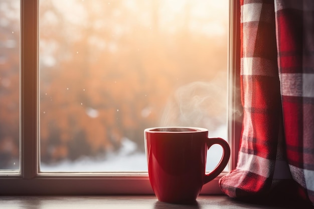 Taza de té caliente en la tela escocesa roja de la ventana y lluvia de cortina afuera Generado por IA