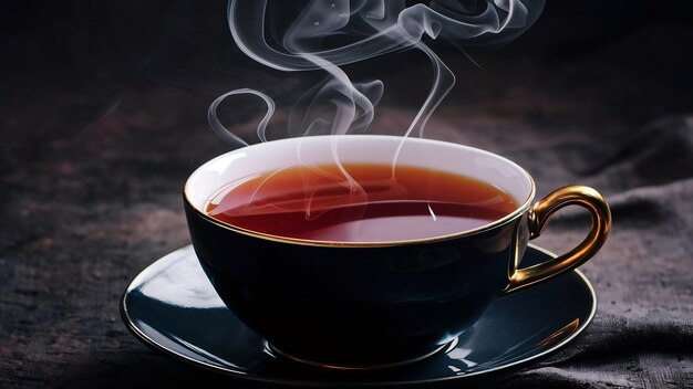 Una taza de té caliente con un vapor en la oscuridad