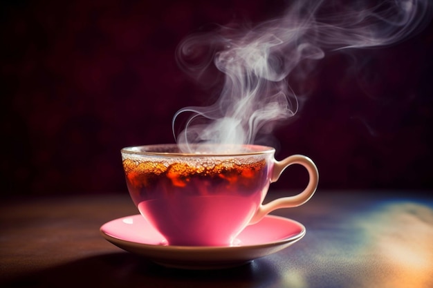 Taza de té caliente con vapor sobre una mesa de madera en una habitación oscura