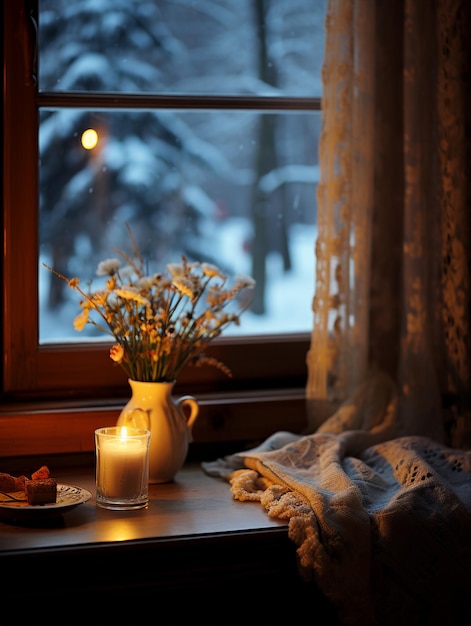 Una taza de té caliente y velas en el alféizar de la ventana en invierno