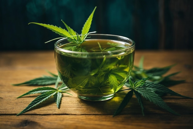 Taza de té de cáñamo con hojas de cáñamo puestas sobre un suelo de madera