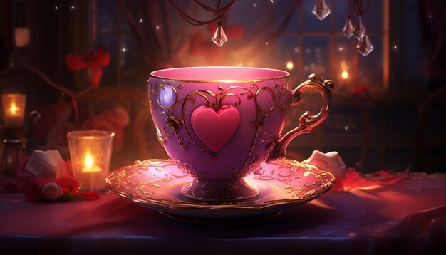 una taza de té como una copa decorativa llena de corazones y una canasta llena de bolsas de té en forma de corazón o regalos temáticos de amor Dejen espacio para una cálida nota de San Valentín