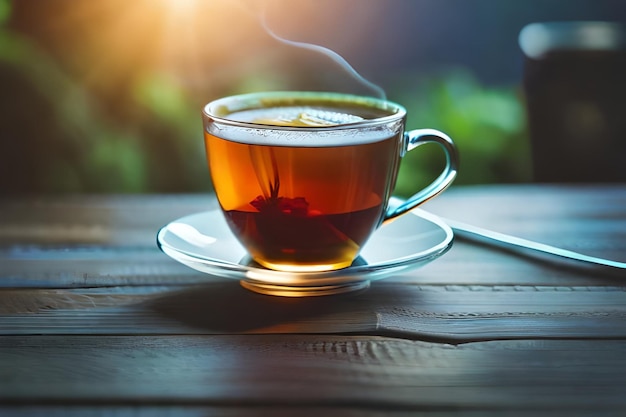 una taza de té con una cuchara y una cuchara en una mesa