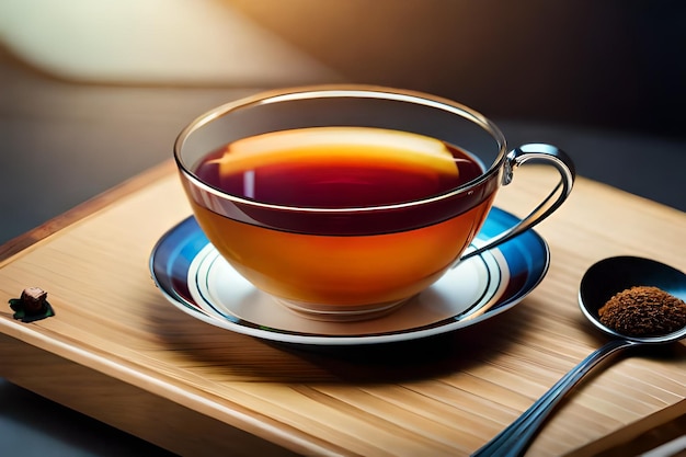 Una taza de té con una cuchara en un platillo