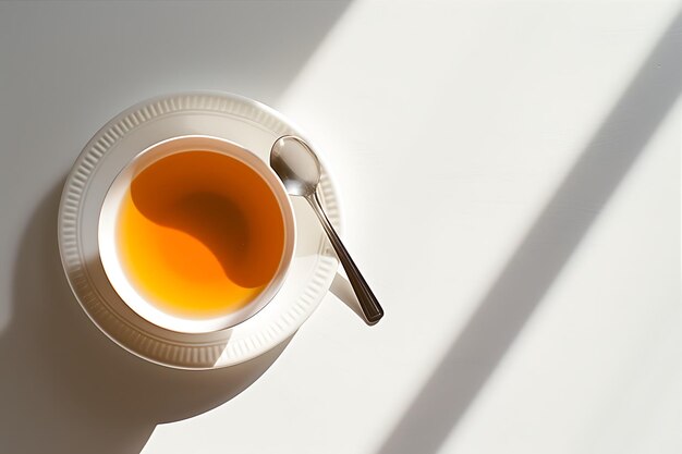 Taza de té con cuchara sobre un fondo blanco