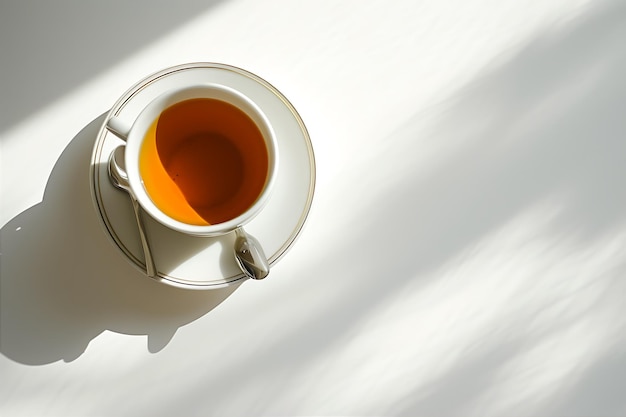 Taza de té con cuchara sobre un fondo blanco