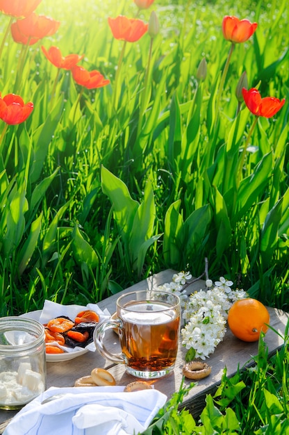 Taza de té y desayuno sencillo al aire libre en primavera