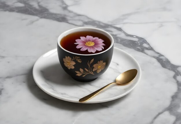 Una taza de té con un diseño floral en la parte superior
