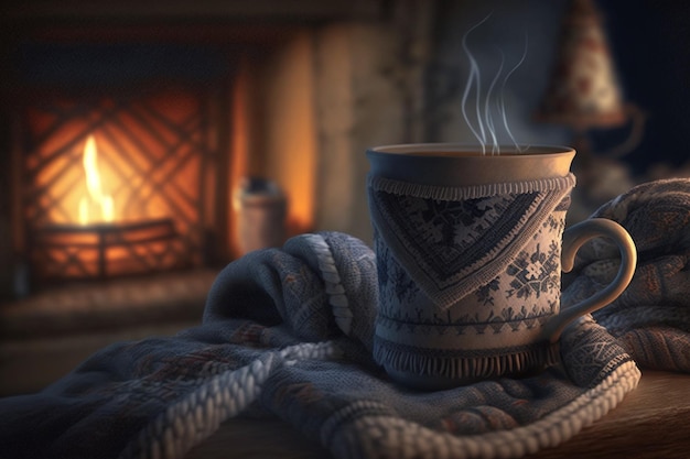 Una taza de té se encuentra frente a una chimenea con una manta que dice "invierno".