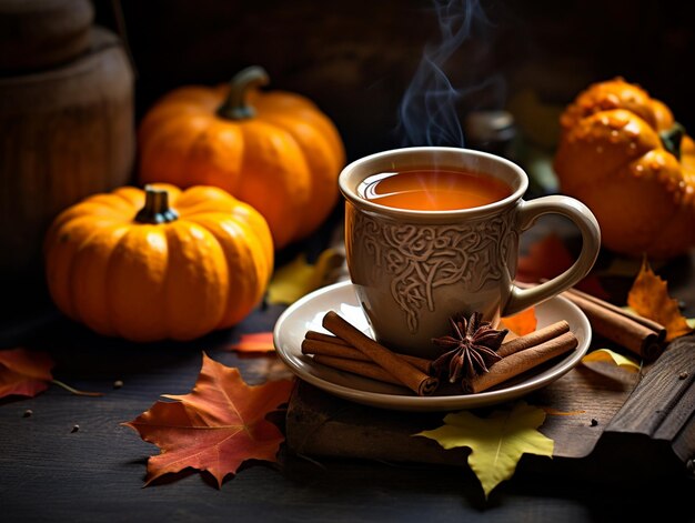 Taza de té con especias de calabaza foto de stock bebida acogedora a la hora del té de otoño