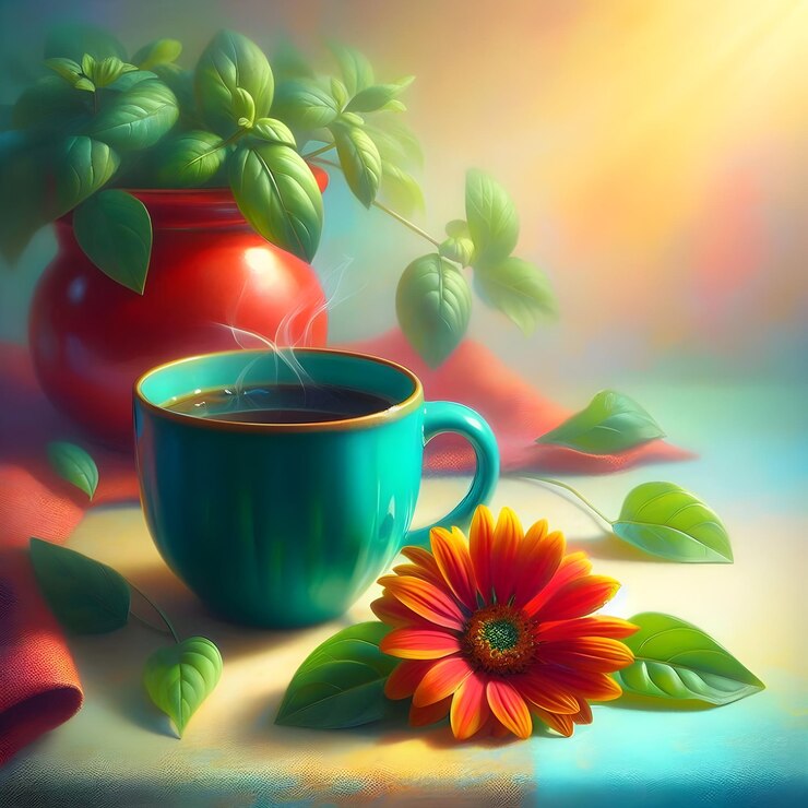 Una taza de té está en la mesa de té además hay un ramo de flores