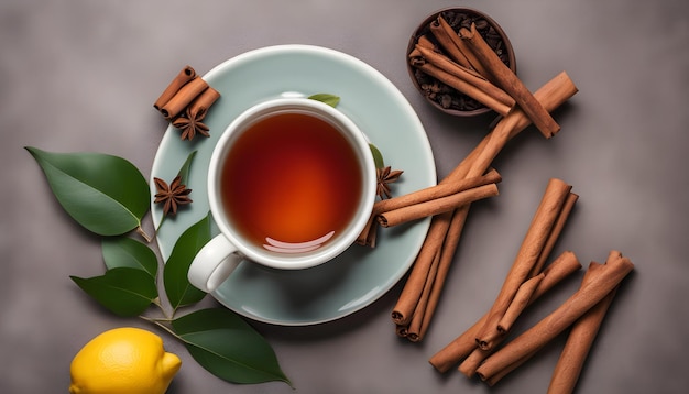 una taza de té y estacas de canela en un plato con una tassa de té y un limón