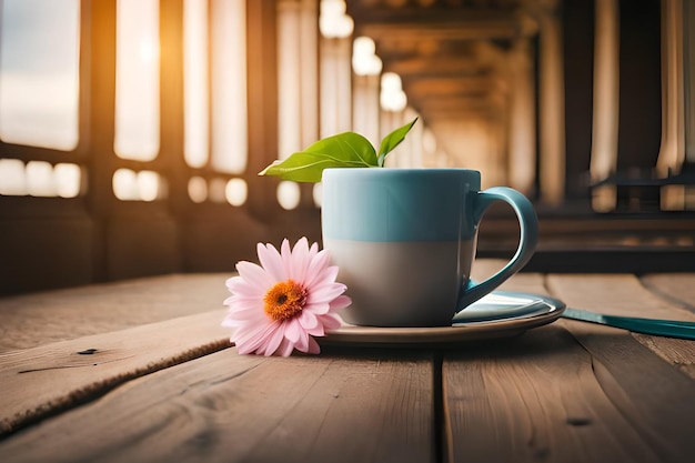 Una taza de té con una flor rosa sobre la mesa.