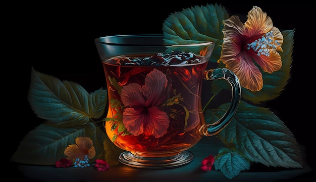 Una taza de té con una flor.