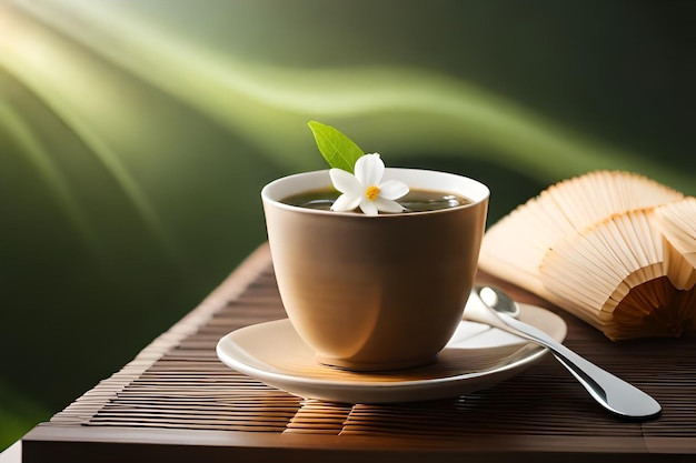 Una taza de té con una flor