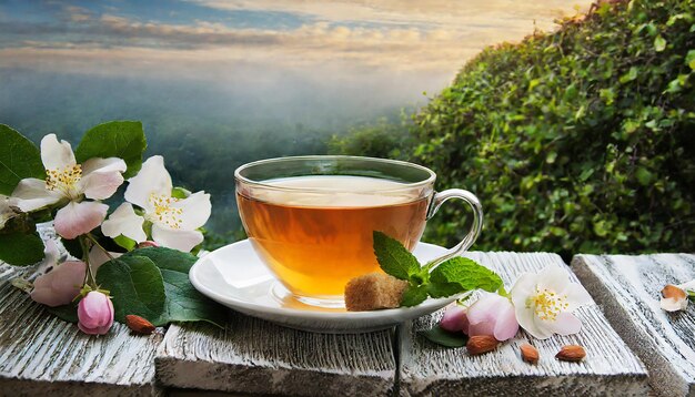 Foto una taza de té con flores de jazmín en una mesa de madera