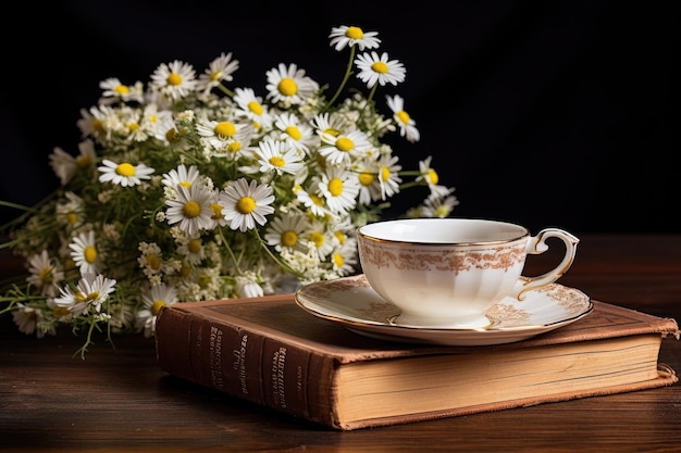 Taza de té con flores de manzanilla en un libro antiguo hermosa composición con flores de manzanilla en una taza de libro antiguo generada por IA