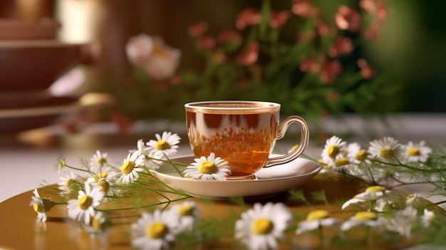 Taza de té con flores de manzanilla en una mesa de madera