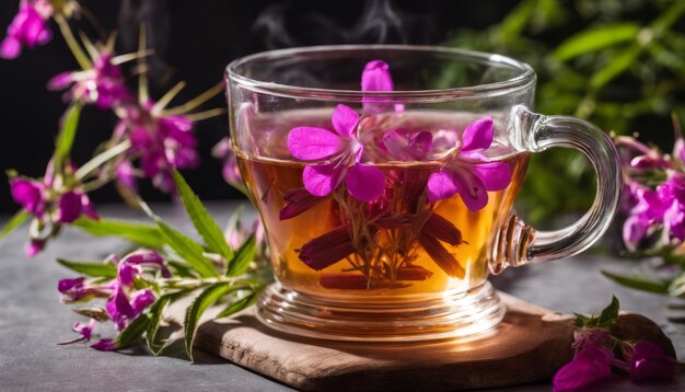 Una taza de té con flores púrpuras en una bandeja de madera